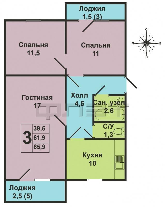 Продажа / Квартиры, Зеленодольск, Комарова улица, 2 410 000 Зеленодольск, мирный, ул. Комарова, д.24. Продается 3-комнатная квартира на 5 этаже 6-этажного кирпичного дома.... - 10