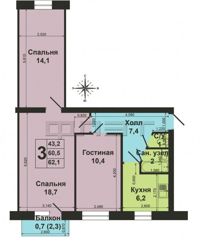 Продажа / Квартиры, Зеленодольск, Гоголя улица, 2 260 000 Зеленодольск, город, ул. Гоголя д.40. Продается 3-комнатная «хрущевка» в кирпичном доме, 59,8 кв.м, на 3 этаже,... - 10