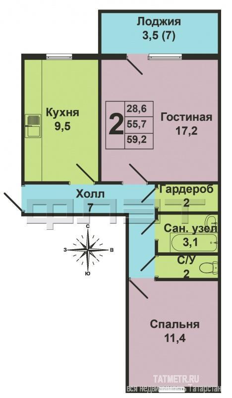 Зеленодольск, мирный, ул.Б. Урманче, д.10. Продаётся 2-комнатная квартира 52,2 кв.м, 1 этаж в 5-этажном доме.... - 10