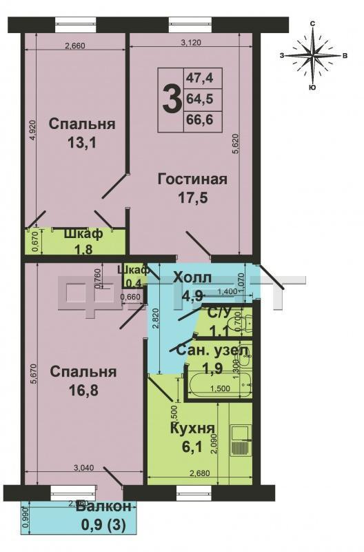 Продажа / Квартиры, Зеленодольск, Украинская улица, 2 060 000 Зеленодольск, город, ул. Украинская, д.3. Продается 3-комнатная квартира в экологически чистом, тихом районе города,... - 8
