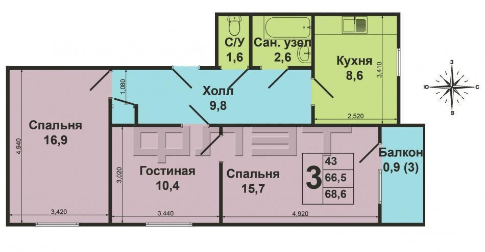 Продажа / Квартиры, Зеленодольск, Тургенева улица, 2 260 000 Зеленодольск, город, ул. Тургенева, д.2. Продается 3-комнатная квартира в кирпичном доме, в экологически чистом,... - 8