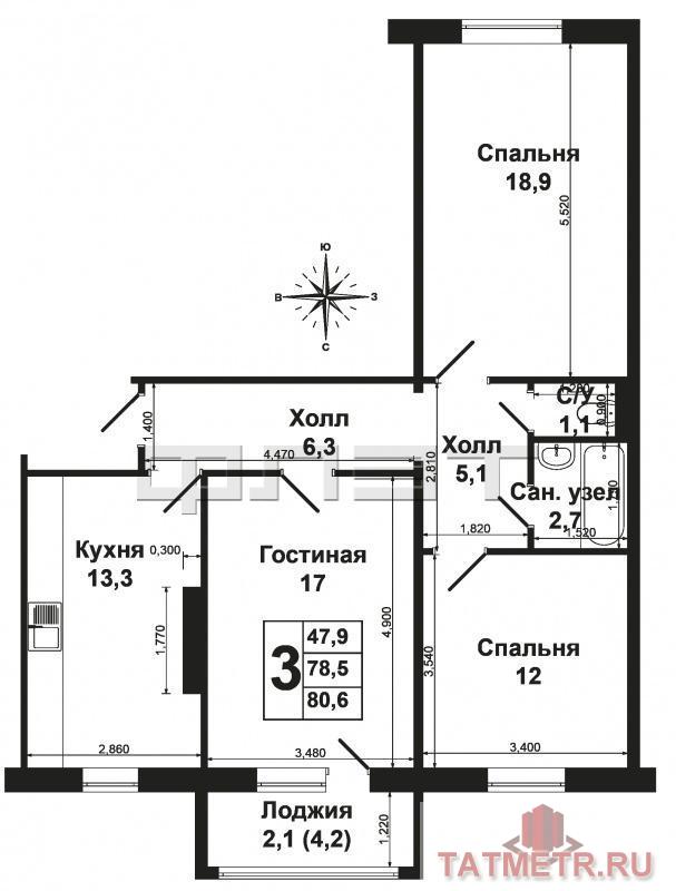 Продажа / Квартиры, Казань, Садовая улица, 3 550 000 Казань. Продается большая 3-к квартира - в ЖК «Радужный». Ул. Гайсина д. 3 Этаж 7/10, новый дом, 2012 года... - 14