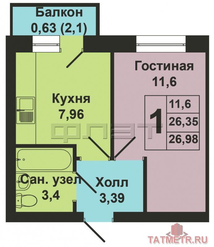 Продажа / Квартиры, Казань, Мамадышский тракт, 1 470 000 Продается однокомнатная квартира площадью 26.98 кв.м. в ЖК 'Царево Village'. Выгодные условия при покупке квартиры:... - 13