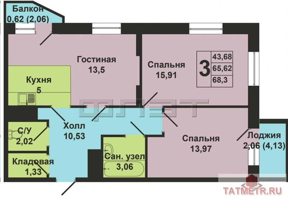 Продажа / Квартиры, Казань, Рауиса Гареева улица, 3 623 400 Продается трехкомнатная квартира площадью 65.88 кв.м. в ЖК 'Сказочный лес' в Приволжском районе (дом 'Рябина').... - 7