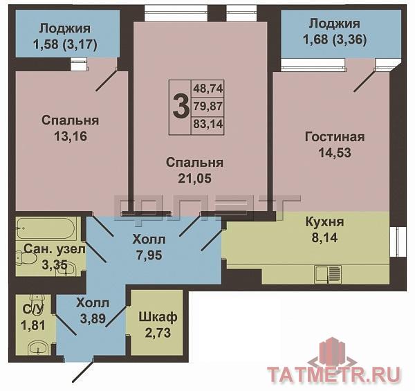 Продажа / Квартиры, Казань, Чистопольская улица, 5 990 250 Продается трехкомнатная квартира площадью 79.87 / 48.74 / 8.14 кв.м. в ЖК 'Столичный' в Ново-Савиновском районе. ЖК... - 9