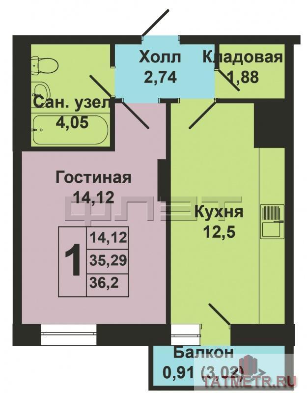 Продажа / Квартиры, Казань, Рауиса Гареева улица, 2 219 535 Продается однокомнатная квартира площадью 36.09 кв.м. в ЖК 'Сказочный лес' в Приволжском районе (дом 'Рябина').... - 7
