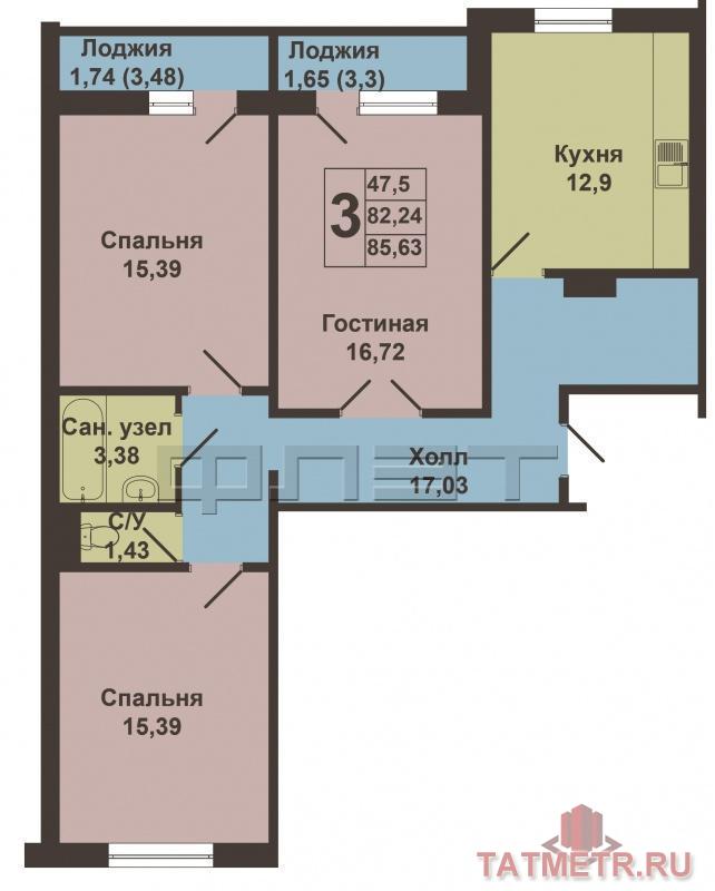 Продажа / Квартиры, Казань, Родины улица, 4 550 000 Продается трехкомнатная квартира площадью 85.63 / 47.50 / 12.90 кв.м. в жилом комплексе 'Родина'. Это 19-этажный... - 5