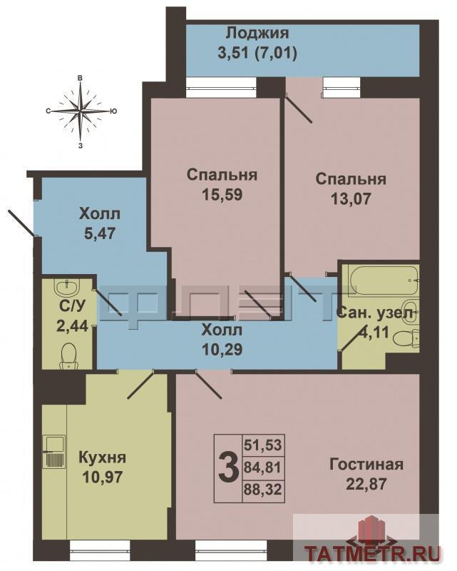 Продажа / Квартиры, Казань, Хусаина Мавлютова улица, 5 110 960 Продается трехкомнатная квартира площадью 88.12 / 51.53 / 10.77 кв.м. в ЖК 'Три Богатыря'. Комплекс состоит из трех... - 5
