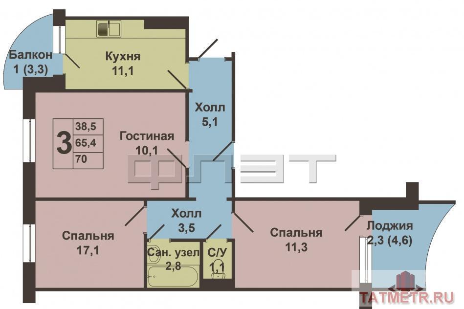 Продажа / Квартиры, Казань, Юлиуса Фучика улица, 4 100 000 Продается просторная, солнечная 3-х комнатная квартира в Советском районе на 9-м этаже 10-ти этажного дома, по улице... - 8