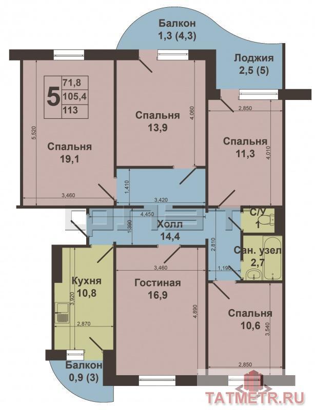 Продажа / Квартиры, Казань, Абсалямова улица, 5 310 000 В самом развитом и современном районе г.Казани, на пересечении улиц Абсалямова и Четаева, продается 5-комнатная... - 10