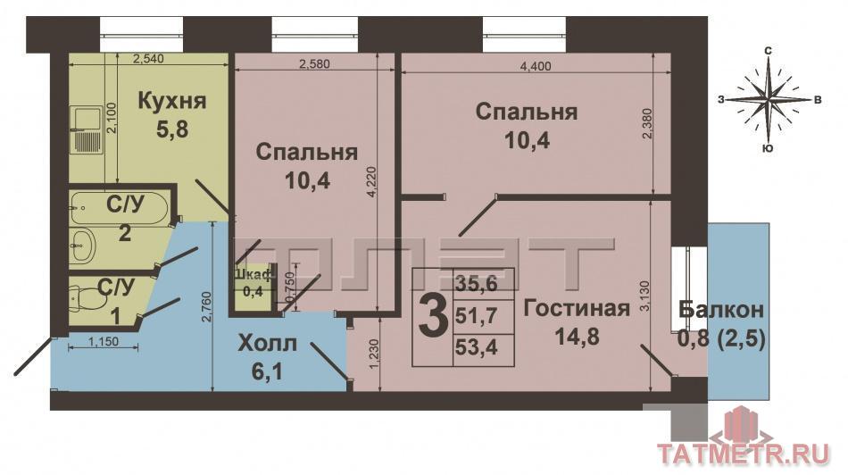Продажа / Квартиры, Казань, Волгоградская улица, 2 950 000 Продается просторная, теплая, уютная трехкомнатная квартира по ул. Волгоградская, д.22 Общая площадь 50,9 кв.м., на... - 6