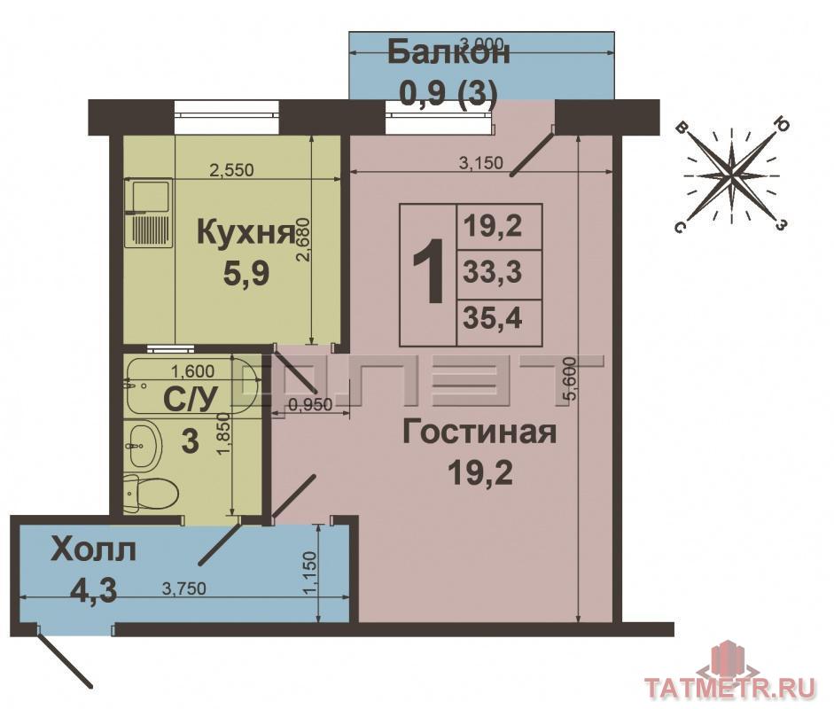 Продажа / Квартиры, Казань, Болотникова улица, 2 280 000 Продается просторная, теплая, уютная однокомнатная квартира по ул. Болотникова, д.1 Общая площадь 33,3 кв.м., жилая... - 6