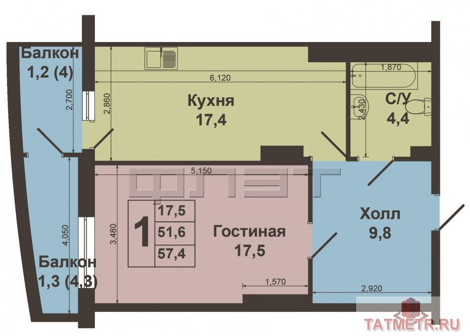 Продажа / Квартиры, Казань, Сибирский тракт, 3 550 000 Просторная однокомнатная квартира 51,6 кв.м. в черновой отделке на 5-м этаже 19-го дома по адресу:Сибирский Тракт,... - 7