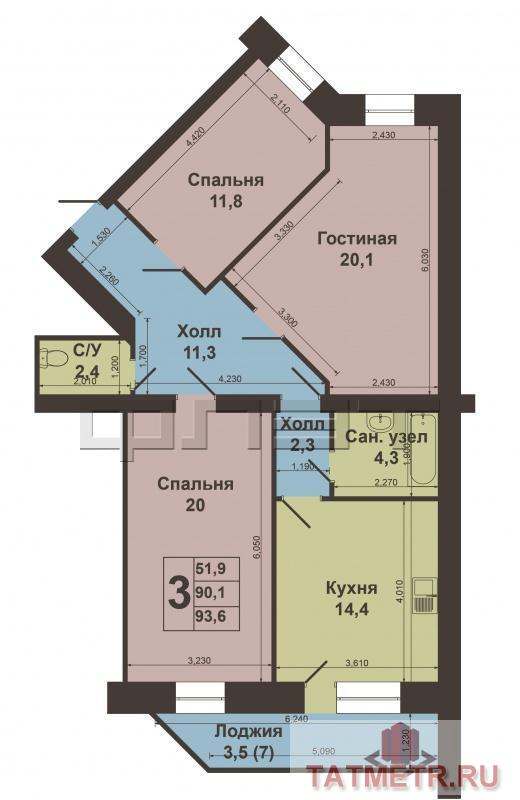 Продажа / Квартиры, Казань, Зинина улица, 7 900 000 Вахитовский район, улица Зинина 7, новый кирпичный дом. Уютная трехкомнатная квартира в центре города 90,1... - 9