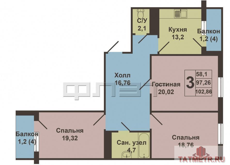 Продажа / Квартиры, Казань, Павлюхина улица, 3 990 000 Продается трехкомнатная квартира в ЖК Возрождение по улице Павлюхина. Квартира располагается на 12 этаже 19... - 6
