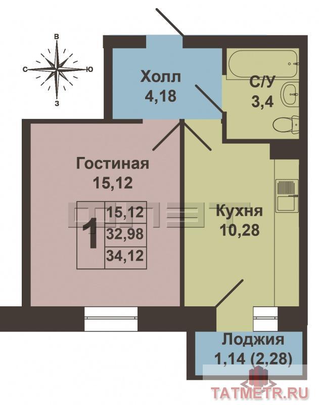 Продажа / Квартиры, Казань, Мамадышский тракт, 1 750 000 Продается однокомнатная квартира площадью 34.12 / 15.12 / 10.28 кв.м. в ЖК 'Царево Village' в прекрасном озелененном... - 11