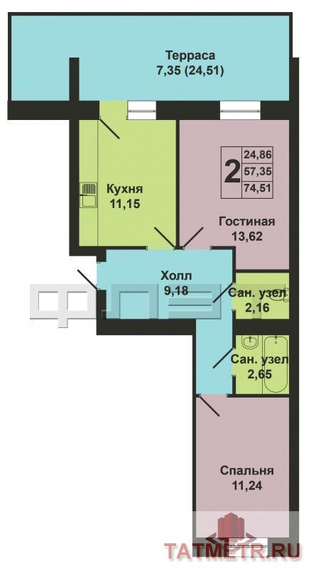 Продажа / Квартиры, Казань, Николая Ершова улица, 5 720 000 Продается двухкомнатная квартира площадью 57.35 / 24.86 / 11.15 кв.м. в престижном жилом комплексе 'Арт Сити' в 5... - 10