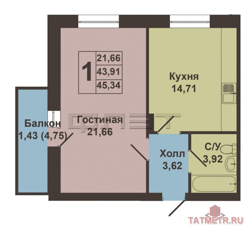 Продажа / Квартиры, Казань, Николая Ершова улица, 3 730 000 Продается однокомнатная квартира площадью 45.34 / 21.66 / 14.71 кв.м. в престижном жилом комплексе 'ART CITY' в 5... - 9
