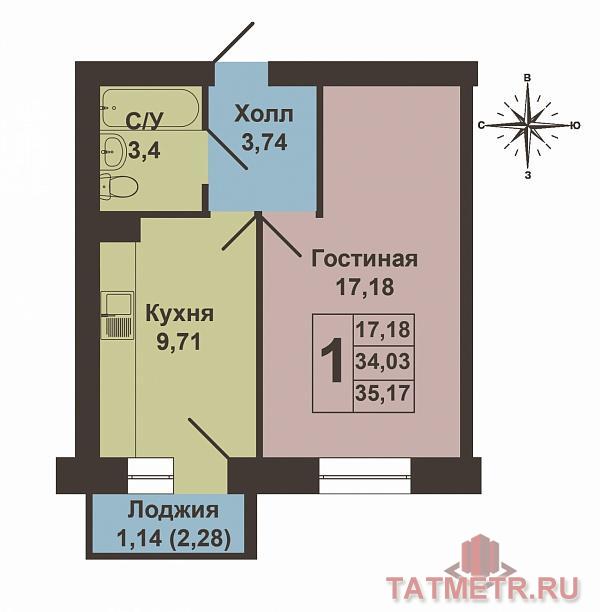 Продажа / Квартиры, Новое Шигалеево, Габдуллы Тукая улица, 1 830 000 Продается однокомнатная квартира площадью 35.17 / 17.30 / 9.63 кв.м. в жилом комплексе 'Царево Village' в прекрасном... - 14