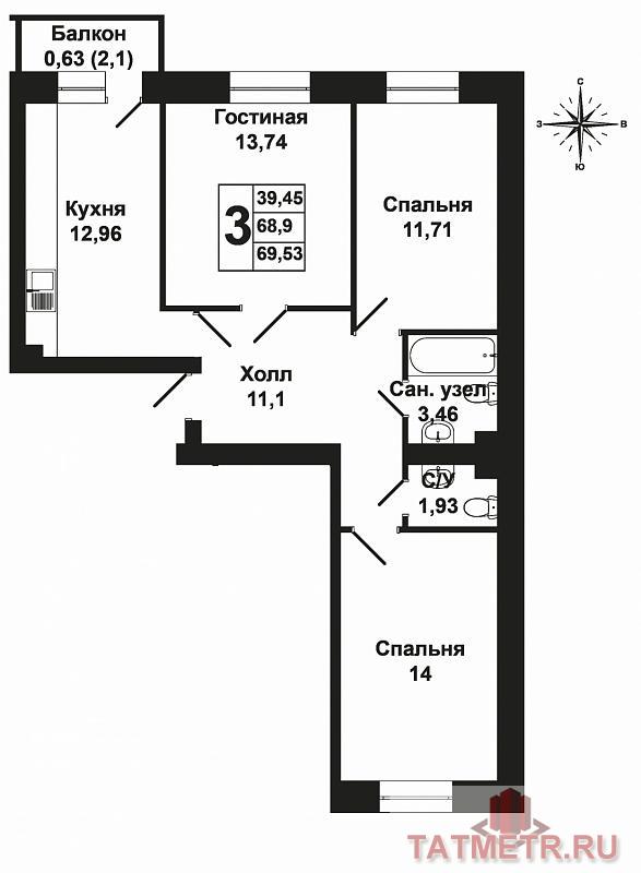 Продажа / Квартиры, Новое Шигалеево, Габдуллы Тукая улица, 3 450 000 Продается трехкомнатная квартира площадью 69.53 / 39.45 / 12.96 кв.м. в жилом комплексе 'Царево Village' в прекрасном... - 12