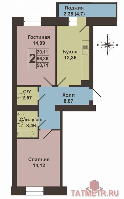 Продажа / Квартиры, Новое Шигалеево, Габдуллы Тукая улица, 2 980 000 Продается двухкомнатная квартира площадью 58.71 / 29.11 / 12.35 кв.м. в жилом комплексе 'Царево Village' в прекрасном... - 11