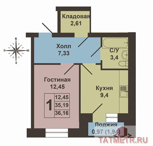 Продажа / Квартиры, Новое Шигалеево, Габдуллы Тукая улица, 1 960 000 Продается однокомнатная квартира площадью 36.16 / 12.45 / 9.40 кв.м. в жилом комплексе 'Царево Village' в прекрасном... - 13
