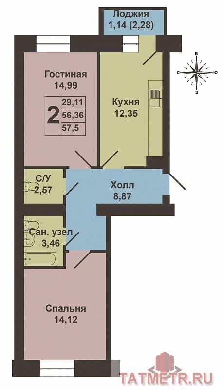 Продажа / Квартиры, Новое Шигалеево, Габдуллы Тукая улица, 3 010 000 Продается двухкомнатная квартира площадью 57.50 / 29.11 / 12.35 кв.м. в жилом комплексе 'Царево Village' в прекрасном... - 14
