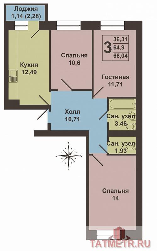 Продажа / Квартиры, Новое Шигалеево, Габдуллы Тукая улица, 3 220 000 Продается трехкомнатная квартира площадью 66.04 / 36.31 / 12.49 кв.м. в жилом комплексе 'Царево Village' в прекрасном... - 10