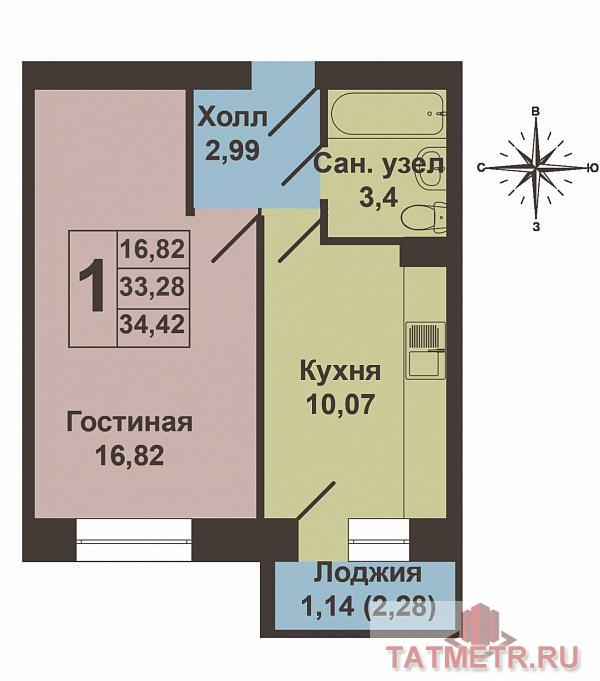 Продажа / Квартиры, Новое Шигалеево, Габдуллы Тукая улица, 1 770 000 Продается однокомнатная квартира площадью 34.42 / 16.82 / 10.07 кв.м. в жилом комплексе 'Царево Village' в прекрасном... - 10