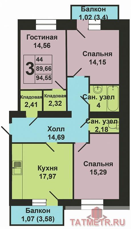 Продажа / Квартиры, Казань, Фикрята Табеева улица, 5 190 000 Продается трехкомнатная квартира площадью 89.03 / 44.02 / 17.98 кв.м. в жилом комплексе 'Весна' в Советском районе.... - 9