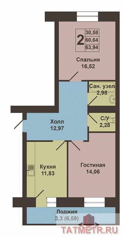 Продажа / Квартиры, Казань, Фикрята Табеева улица, 3 840 000 Продается двухкомнатная квартира площадью 63.94 / 30.58 / 11.83 кв.м. в жилом комплексе 'Весна' в Советском районе.... - 9