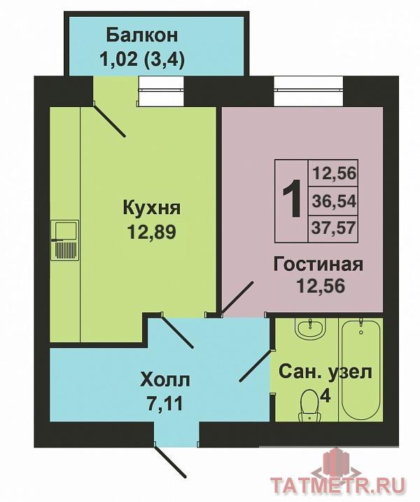 Продажа / Квартиры, Казань, Фикрята Табеева улица, 2 630 000 Продается однокомнатная квартира площадью 37.57 / 12.56 / 12.89 кв.м. в жилом комплексе 'Весна' в Советском районе.... - 8