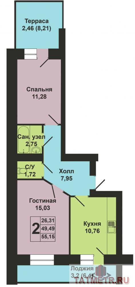 Продажа / Квартиры, Казань, Николая Ершова улица, 4 660 000 Продается двухкомнатная квартира площадью 55.15 / 26.31 / 10.76 кв.м. в жилом комплексе 'Art City'. Это истинное... - 11
