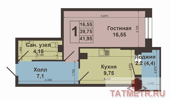 Продажа / Квартиры, Казань, Гвардейская улица, 2 453 850 Продается однокомнатная квартира площадью 38.95 / 16.55 / 9.30 кв.м. в жилом комплексе 'Голливуд' рядом со станцией... - 4