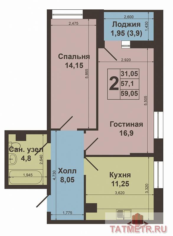 Продажа / Квартиры, Казань, Гвардейская улица, 3 434 300 Продается двухкомнатная квартира площадью 56.30 / 31.05 / 10.80 кв.м. в жилом комплексе 'Голливуд' рядом со станцией... - 3