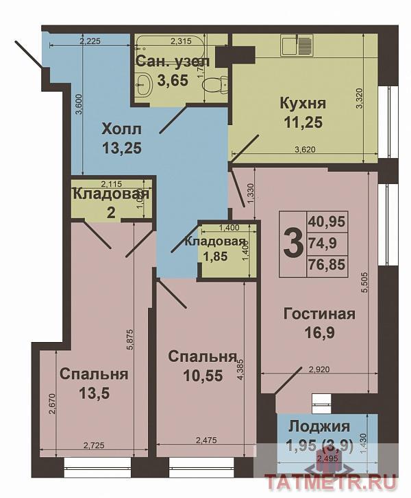 Продается трехкомнатная квартира площадью 74.10 / 40.95 / 10.75  кв.м. в жилом комплексе 'Голливуд'  рядом со... - 3