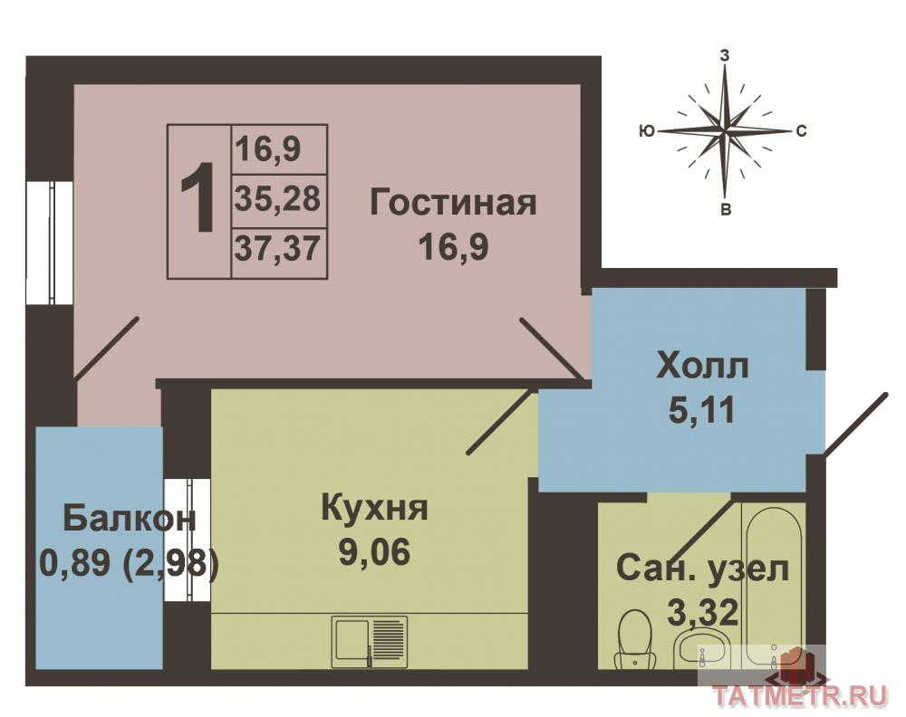 Продажа / Квартиры, Казань, Залесная улица, 1 711 080 Продается однокомнатная квартира площадью 35.28 / 16.90 / 9.06 кв.м. в жилом комплексе 'Залесный Сити'. Планировка... - 7