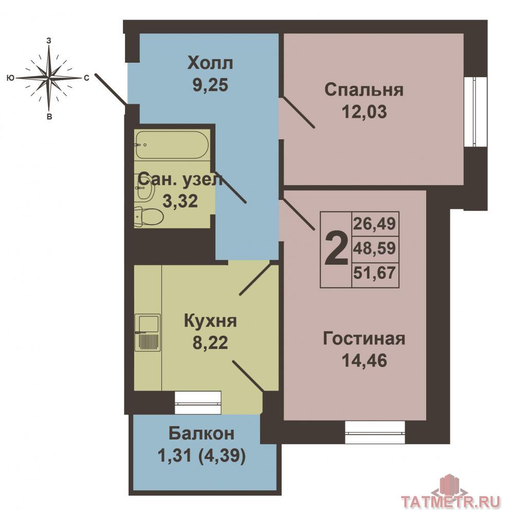 Продажа / Квартиры, Казань, Залесная улица, 2 332 320 Продается двухкомнатная квартира площадью 48.59 / 26.49 / 8.22 кв.м. в жилом комплексе 'Залесный Сити'. Планировка... - 6