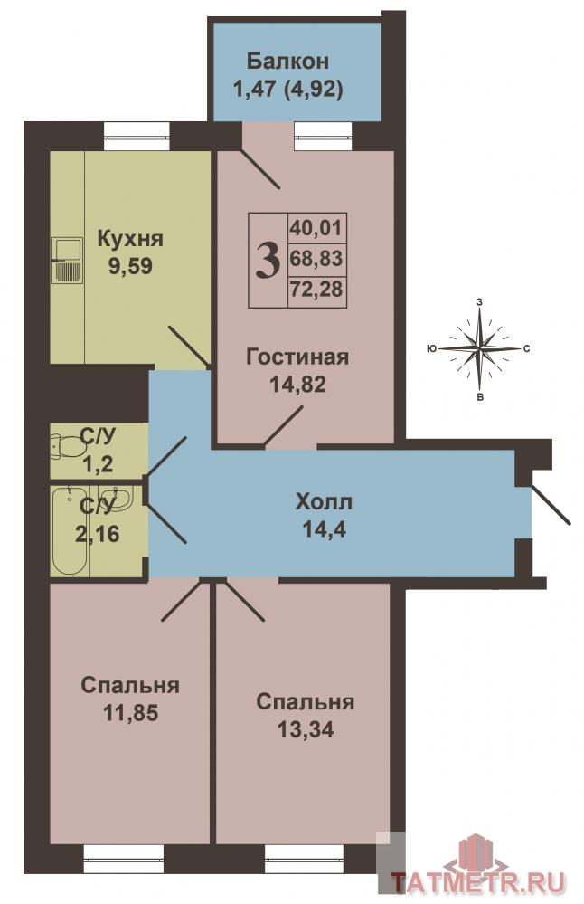 Продажа / Квартиры, Казань, Залесная улица, 3 235 010 Продается трехкомнатная квартира площадью 68.83 / 40.01 / 9.59 кв.м. в жилом комплексе 'Залесный Сити'. Планировка... - 6