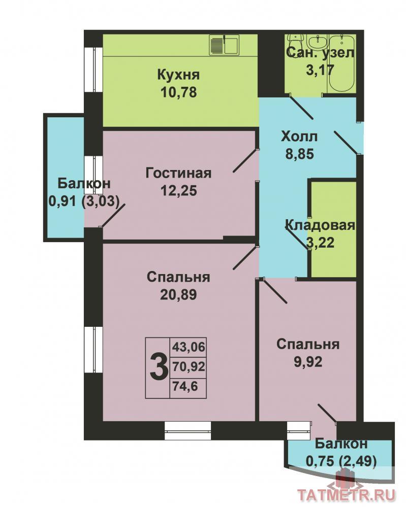 Продажа / Квартиры, Казань, Гавриила Державина улица, 3 866 400 Продается трехкомнатная квартира площадью 71.60 кв.м. в жилом комплексе 'Залесный Сити'. Находится в экологически... - 7