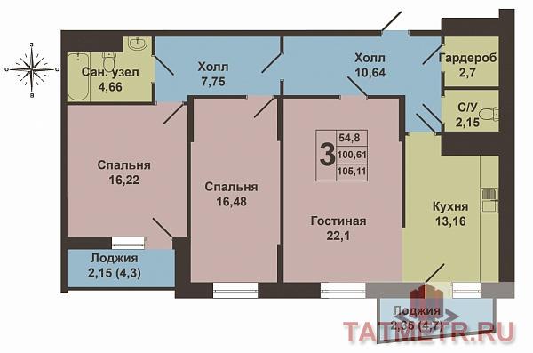 Продажа / Квартиры, Казань, Чистопольская улица, 9 279 270 Продается просторная трехкомнатная квартира площадью 101.97 кв.м. в жилом комплексе 'Столичный' в Ново-Савиновском... - 10