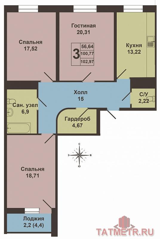 Продажа / Квартиры, Казань, Чистопольская улица, 9 443 070 Продается просторная трехкомнатная квартира площадью 103.77 кв.м. в жилом комплексе 'Столичный' в Ново-Савиновском... - 10