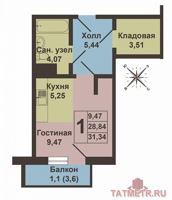 Продается однокомнатная квартира-студия площадью 28.84 кв.м. в жилом комплексе 'Южный парк' в прекрасном, озелененном... - 6