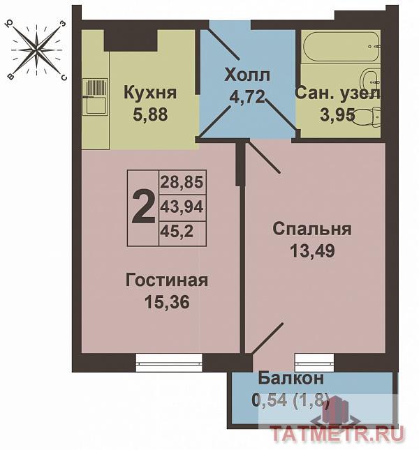 Продажа / Квартиры, Казань, Сиреневая улица, 1 867 450 Продается двухкомнатная квартира площадью 43.94 кв.м. в жилом комплексе 'Южный парк' в прекрасном, озелененном месте... - 6