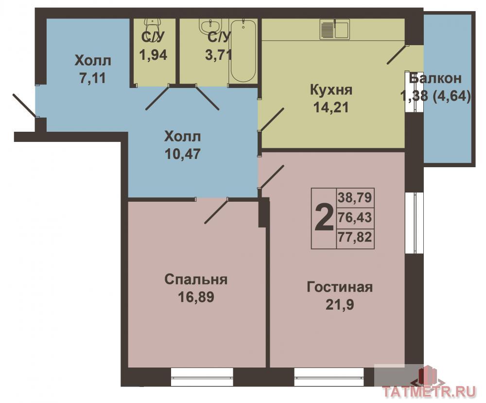 Продажа / Квартиры, Казань, Николая Ершова улица, 6 290 000 Продается двухкомнатная квартира площадью 77.82 / 38.79 / 14.21 кв.м. в престижном жилом комплексе 'ART CITY' в 5... - 11