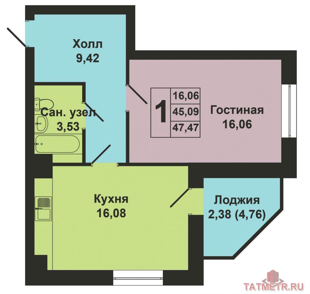 Продажа / Квартиры, Казань, Счастливая улица, 2 555 820 Продается однокомнатная квартира площадью 47.33 / 16.06 / 15.97 кв.м. жилом комплексе 'Счастливый'. Он расположен в... - 6