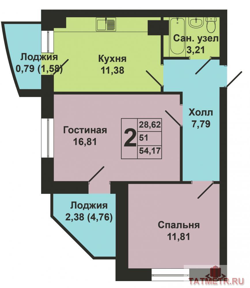 Продажа / Квартиры, Казань, Счастливая улица, 2 907 900 Продается двухкомнатная квартира площадью 53.85 / 51.00 / 11.13 кв.м. жилом комплексе 'Счастливый'. Он расположен в... - 6