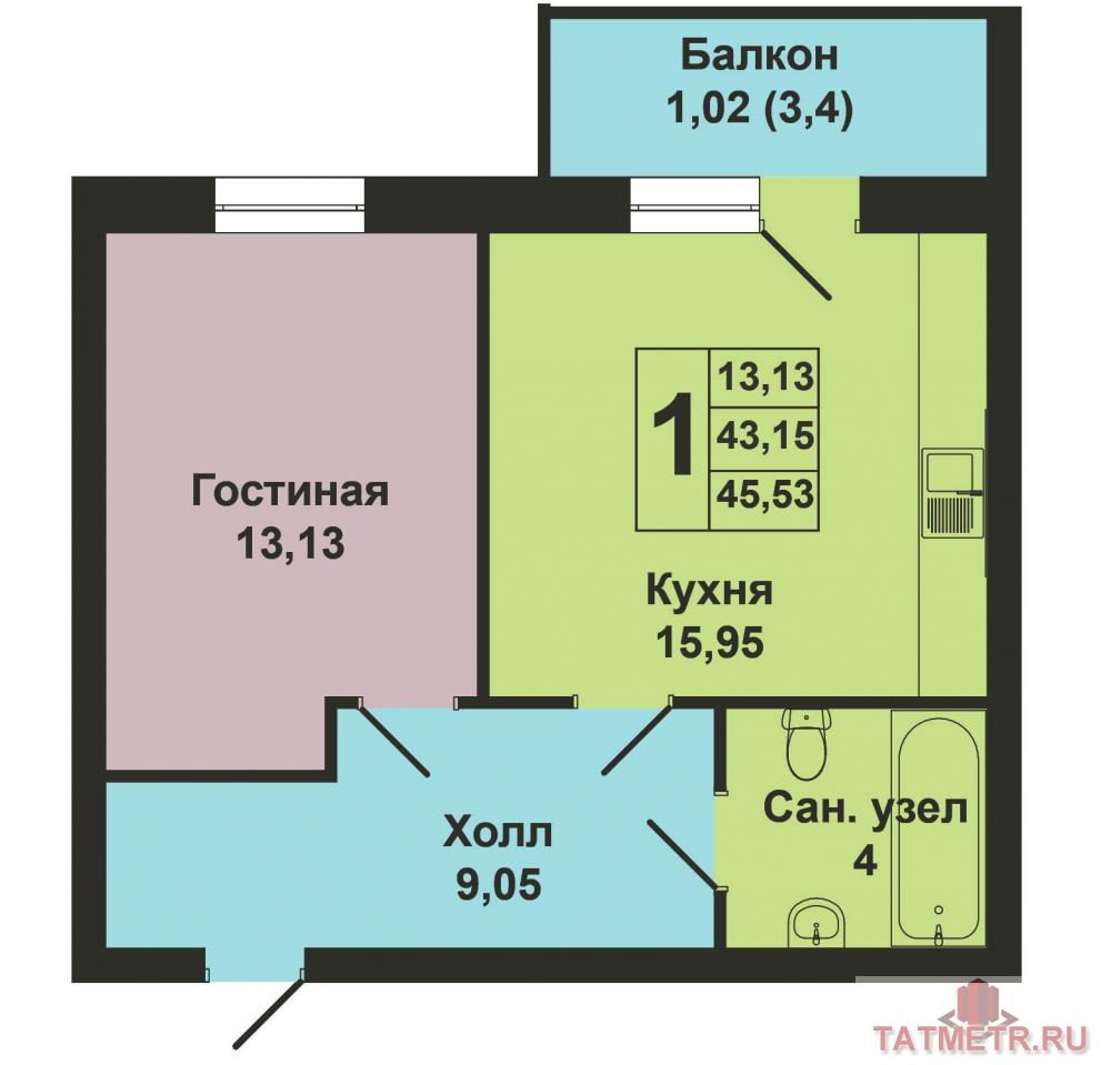 Продажа / Квартиры, Казань, Азата Аббасова улица, 3 140 000 Продается однокомнатная квартира площадью 43.15 / 13.13 / 15.95 кв.м. в жилом комплексе 'Весна' в Советском районе.... - 10