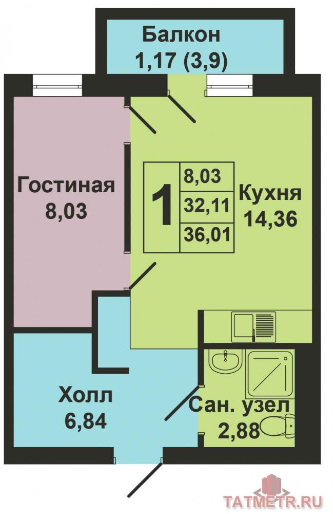 Продажа / Квартиры, Казань, Зирекле улица, 2 055 040 Продается однокомнатная квартира площадью 32.11 кв.м. в жилом комплексе 'Green'. Это новый жилой комплекс от... - 4