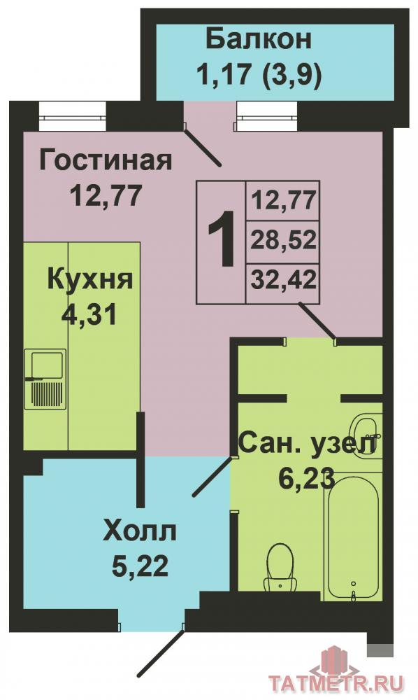 Продажа / Квартиры, Казань, Зирекле улица, 1 982 835 Продается однокомнатная квартира площадью 28.53 кв.м. в жилом комплексе 'Green'. Это новый жилой комплекс от... - 5